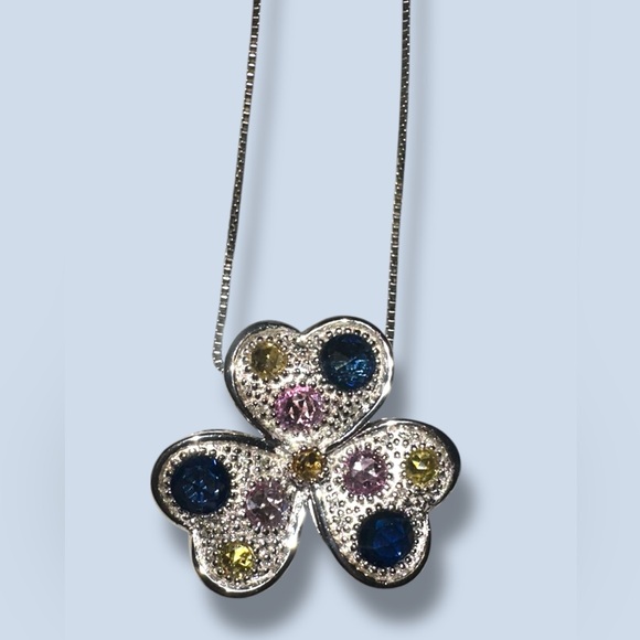 MULTI COLORED SAPPHIRE 3 Leaf Clover PINK BLUE YELLOW Sterling Silver Necklace - Picture 1 of 6